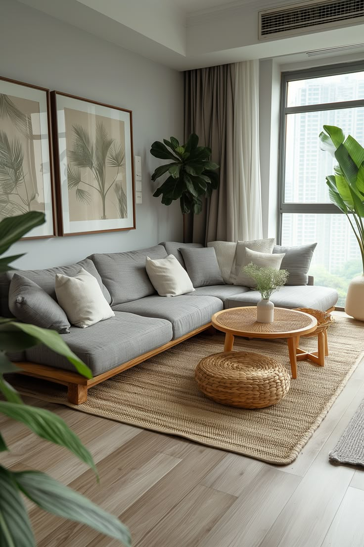 a living room filled with lots of furniture next to a large window and potted plant