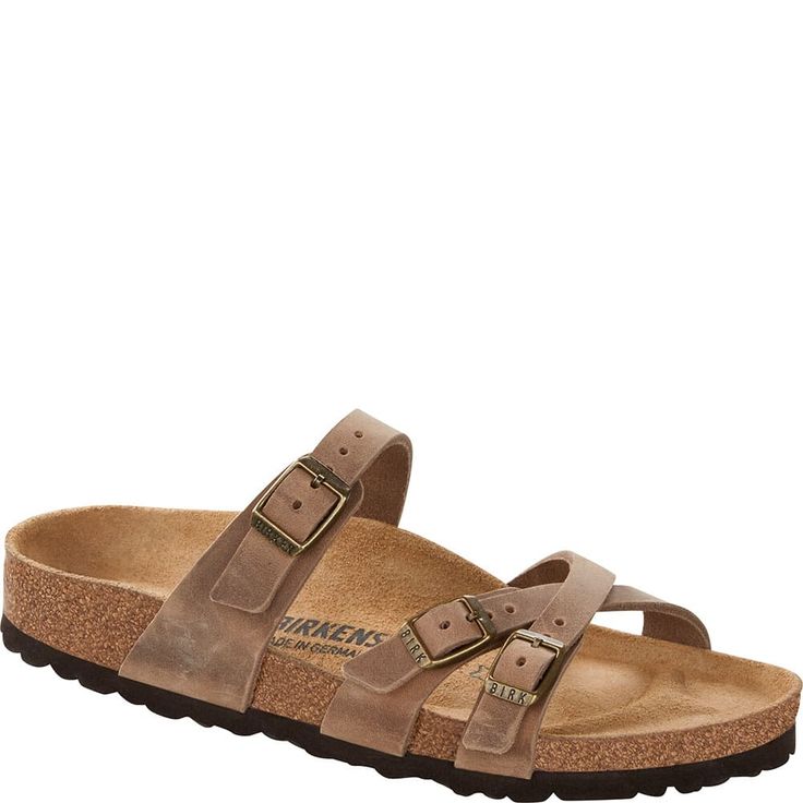 These 1015931 Birkenstock Women's Franca Leather Sandals  are a stylish sandal with crisscrossed straps.   Oiled Leather Three Straps, Each with an Individually Adjustable Metal Pin Buckle Suede Lining Footbed Anatomically Shaped Cork-Latex Footbed EVA Sole 1015931 Birkenstock Women's Franca Leather Sandals - Tobacco Birkenstock Women, Stylish Sandals, Eva Sole, Metal Pins, Boot Sandals, Fashion Boots, Women Brands, Leather Sandals, Favorite Things List