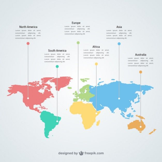 a world map with all the countries and their names in different colors on white background