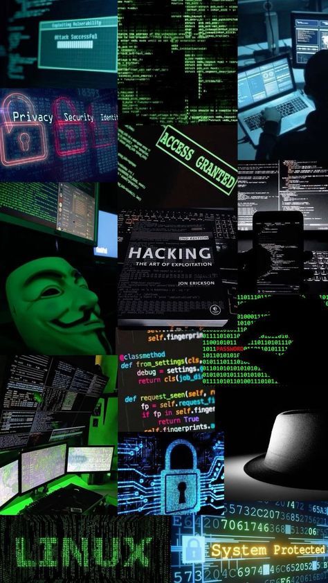 a collage of computer related images with green and black colors, including the word hack