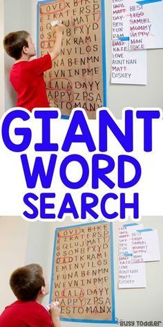 a young boy writing giant word search on a bulletin board