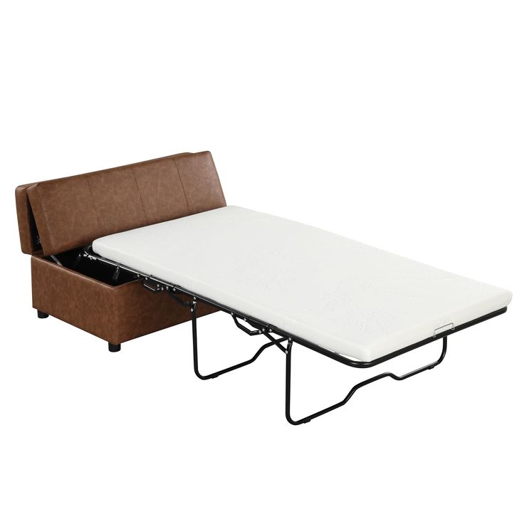 a bed with a pull out mattress and brown leather arm rests on a white background