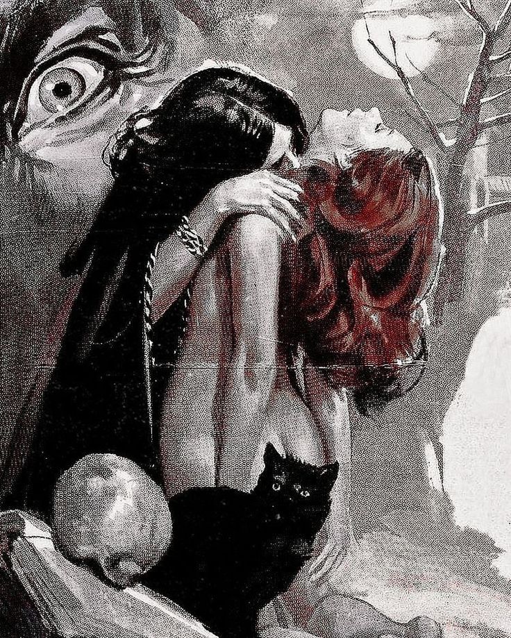 a painting of a woman hugging a black cat in front of a creepy looking man