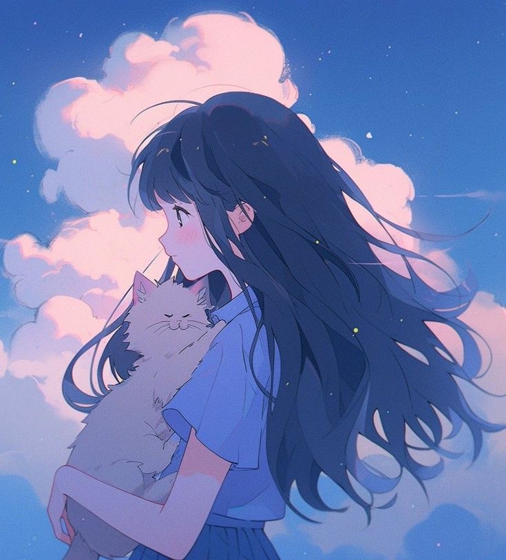 a girl with long hair holding a cat in front of a cloudy sky and stars