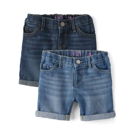 The Children's Place Toddler Girls roll cuff denim shorts are cute shorts for playdates and playgrounds alike. Pack of 2 midi shorts includes Poppie wash and Brooke wash. Features EZ-Fit snap closure with no-zip fly, waistband with elasticized back and inner adjustable tabs for a custom fit, mid rise, midi fit, roll cuff hem opening, five pocket sytling, belt loops, and handsanding and whiskering at front for a lived-in look. Pre-washed for added softness and to reduce shrinkage. Pair with her f Cotton Casual Pants, Girls Smock, Midi Shorts, Cuffed Denim Shorts, Denim Short, Kids Outfits Girls, Boys Long Sleeve, Cute Shorts, Basic Outfits