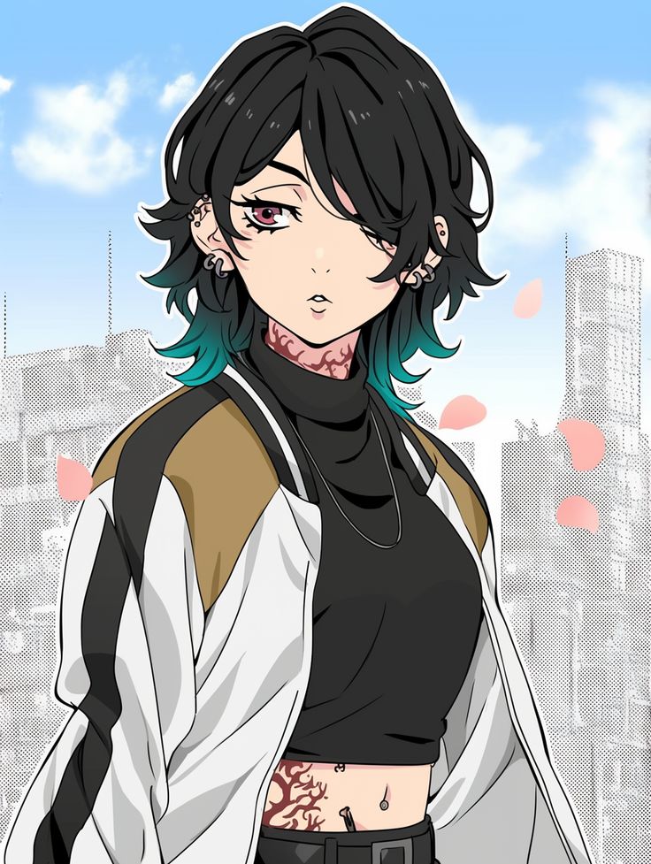 an anime character with black hair and blue eyes standing in front of a cityscape