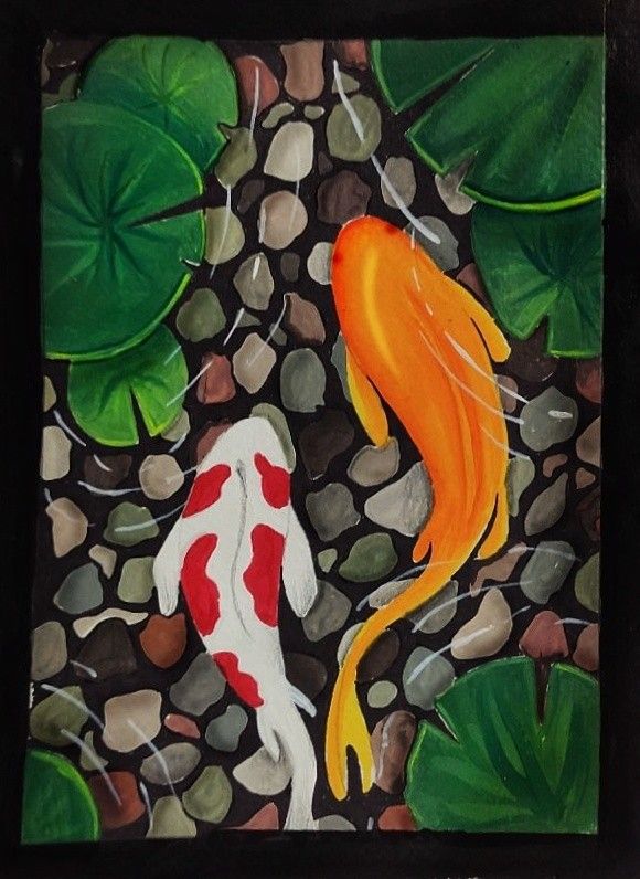 a painting of two koi fish swimming in a pond