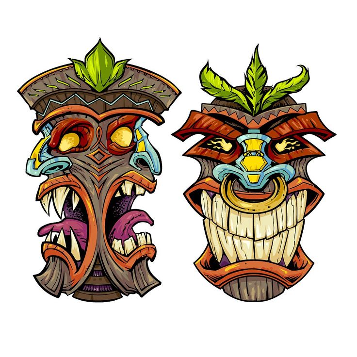 two tiki masks with green leaves on their heads, one in the shape of a demon