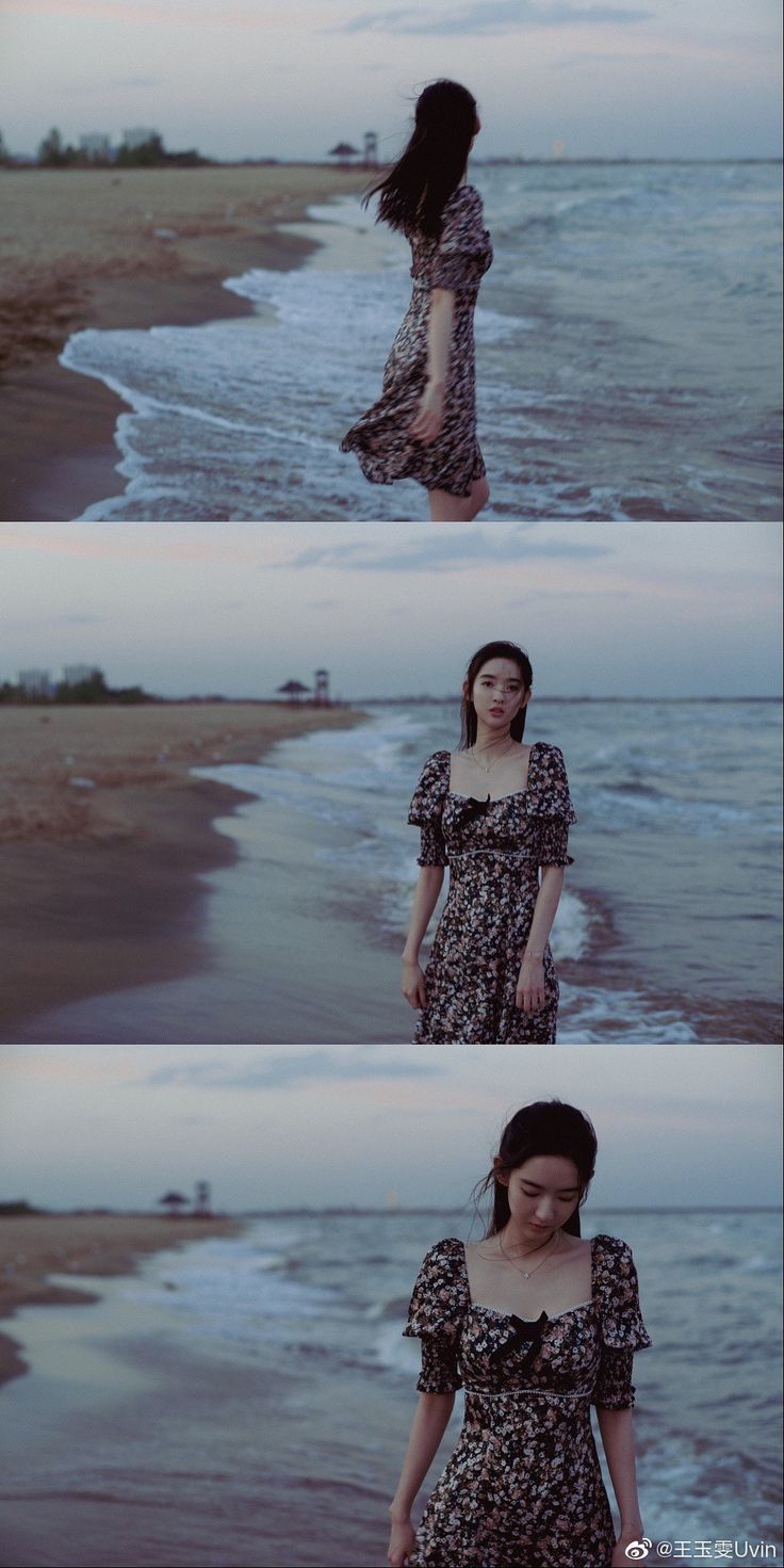 three different shots of a woman standing on the beach in front of the ocean with her hair blowing in the wind