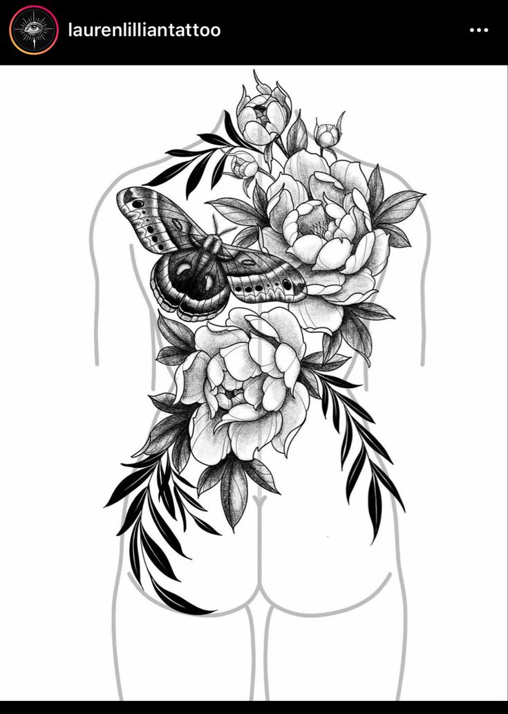 the back of a woman's stomach with flowers and a butterfly on it, in black