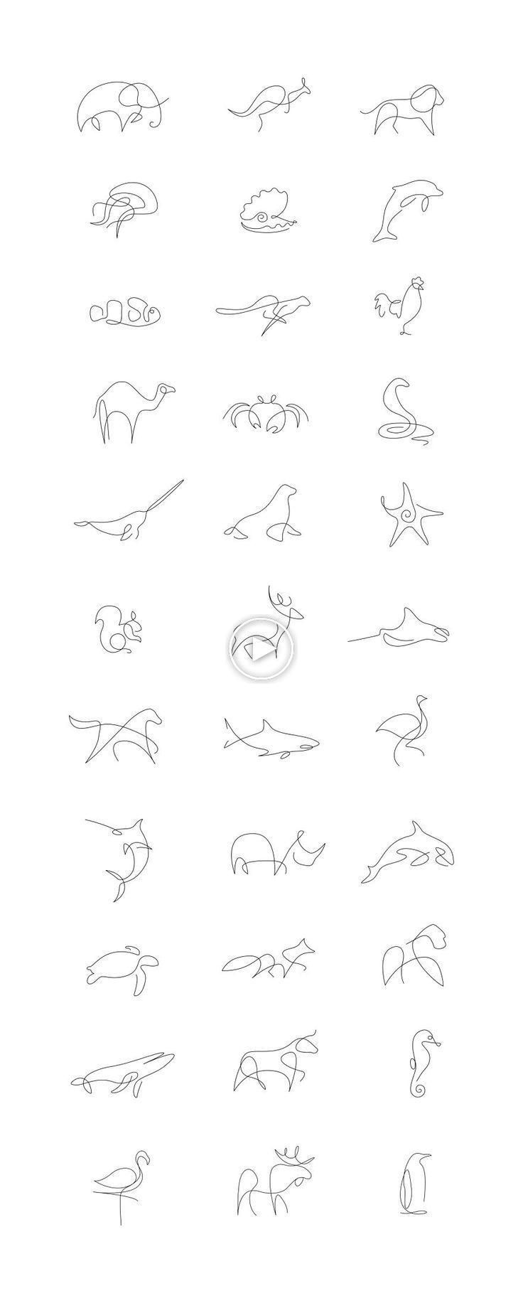 an image of different types of animals in line on a white paper with black ink