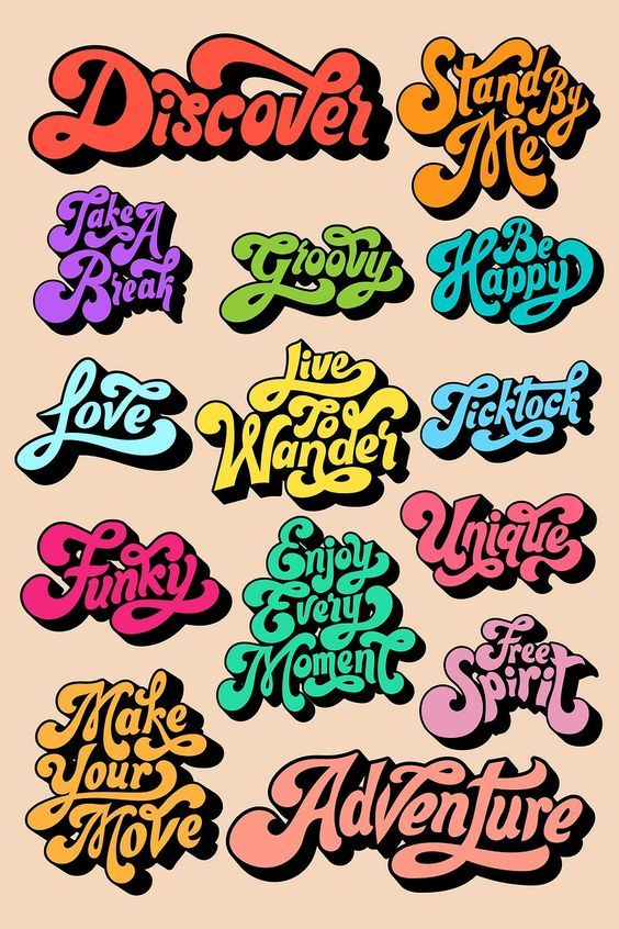 some type of stickers that are in different colors and font styles on a pink background