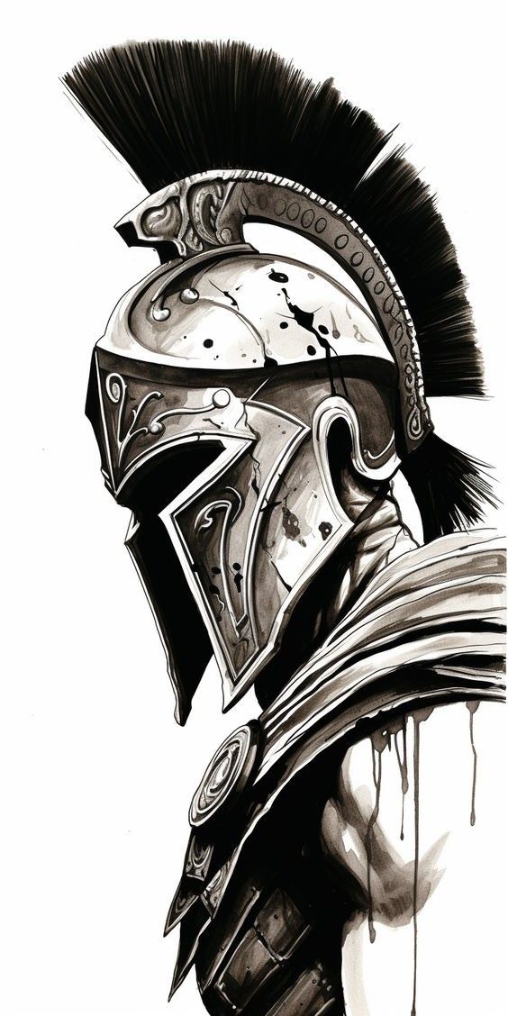 a black and white drawing of a roman soldier's helmet with blood dripping down the side