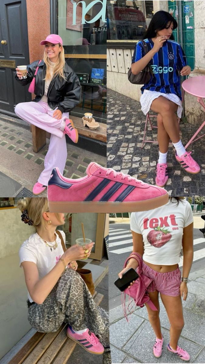 pink navy adidas shoes, adidas gazelle, pink adidas, adidas sneaker, collage, adidas shoes outfit, pink shoes outfit, aesthetic, outfit inspo Pink Chucks Outfit, Pink And Navy Gazelle Outfit, Pink Spezials Outfit, Outfits With Pink Gazelle, Gazelle Platform Outfit, Colorful Adidas Outfit, Pink And Green Adidas Gazelle Outfit, Pink Gazelles Outfit, Gazelle Adidas Women Outfit