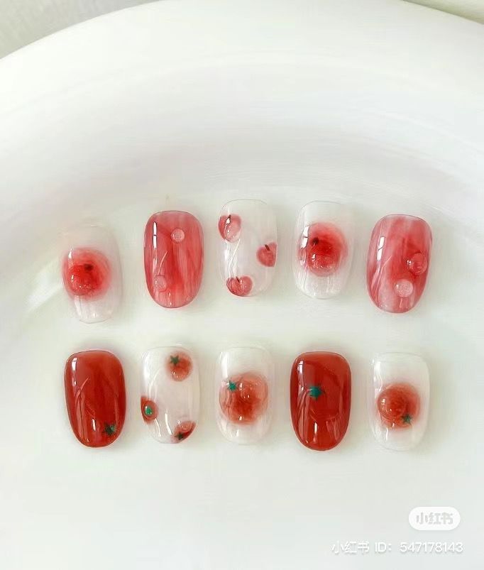 Tomato Nail Art, Tomato Nails, Nails Japanese, Jelly Fruit, Fruit Designs, Kutek Disney, Asian Nails, Hello Nails, Hippie Nails