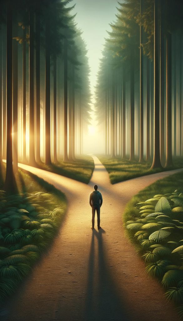 a man walking down a path in the middle of a forest with trees on both sides