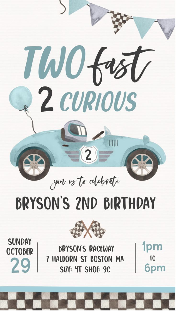 a birthday card with a car and balloons on the front, two fast 2 curiouss