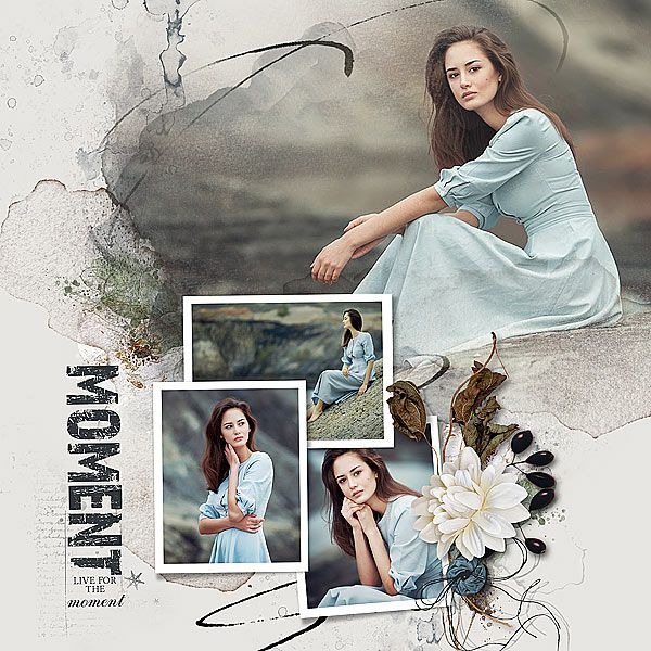 a woman sitting on top of a rock next to flowers and pictures in front of her