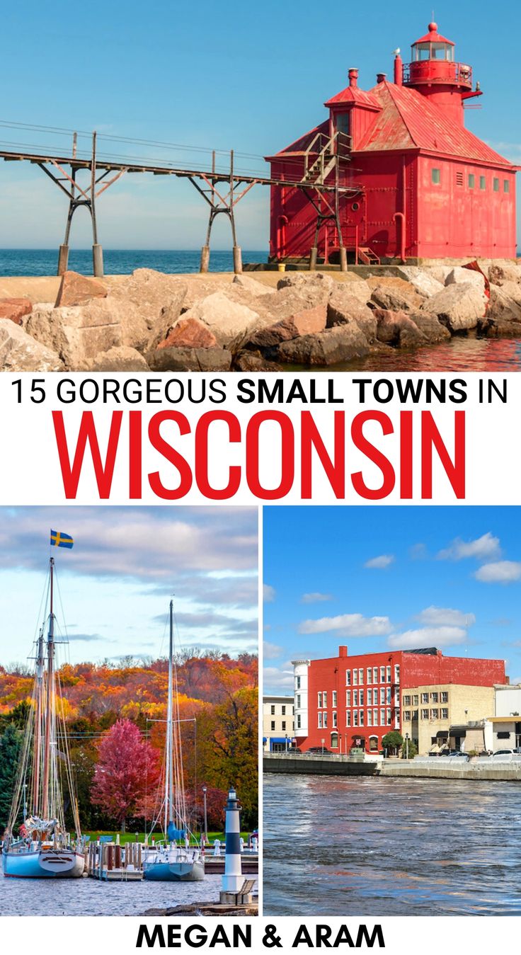 the cover of wisconsin's small towns is shown in three different pictures, including a lighthouse