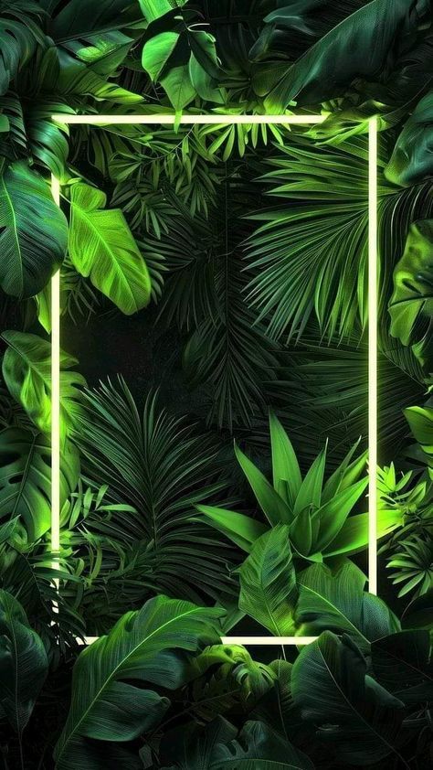 green leaves with a square frame in the middle and a neon light at the bottom