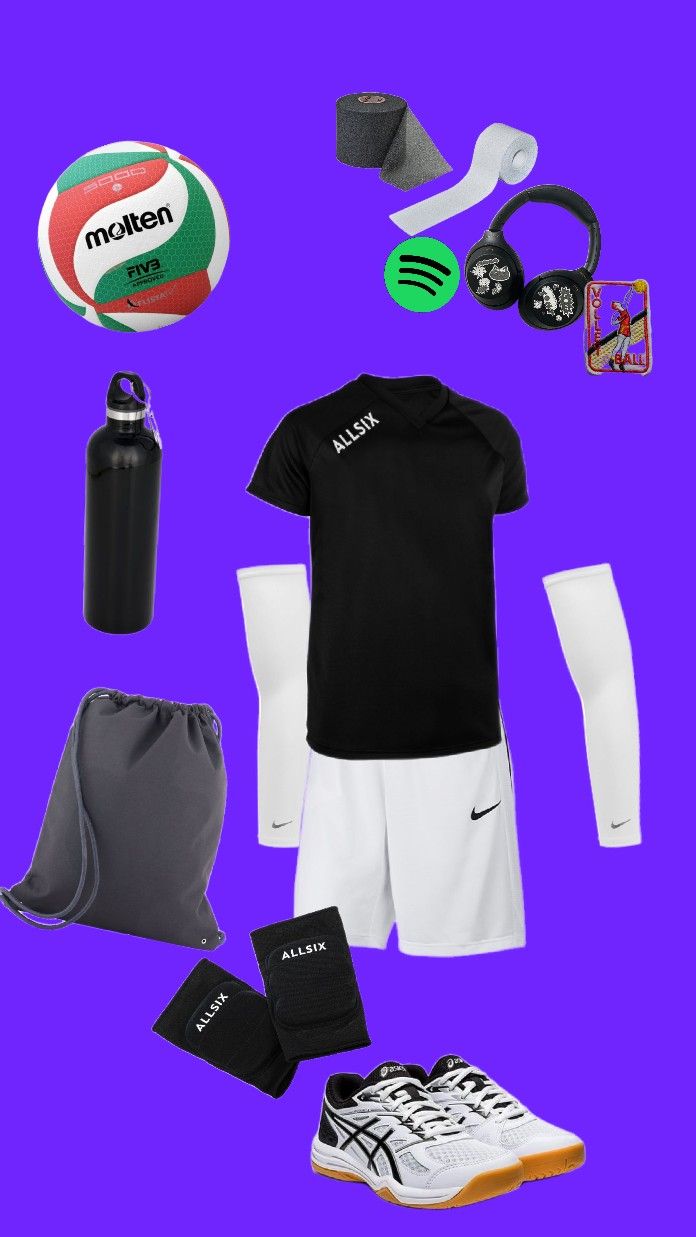 an assortment of sports gear including a soccer ball, water bottle and other items on a purple background