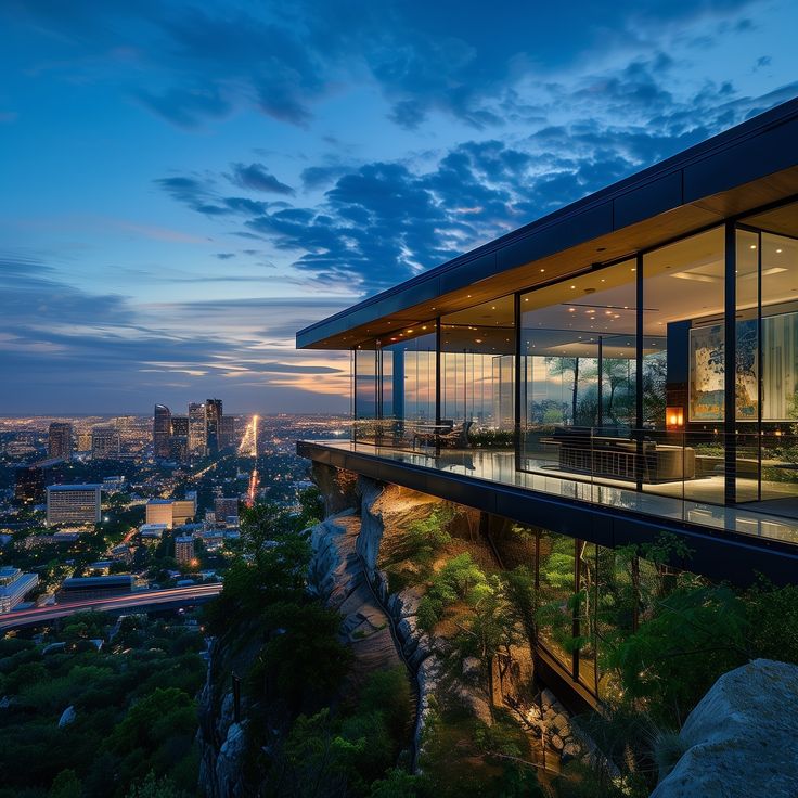 a modern house on top of a cliff overlooking the city at dusk with its lights on