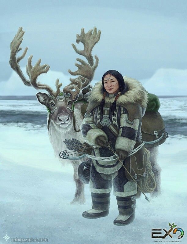 a woman is standing in the snow next to a reindeer