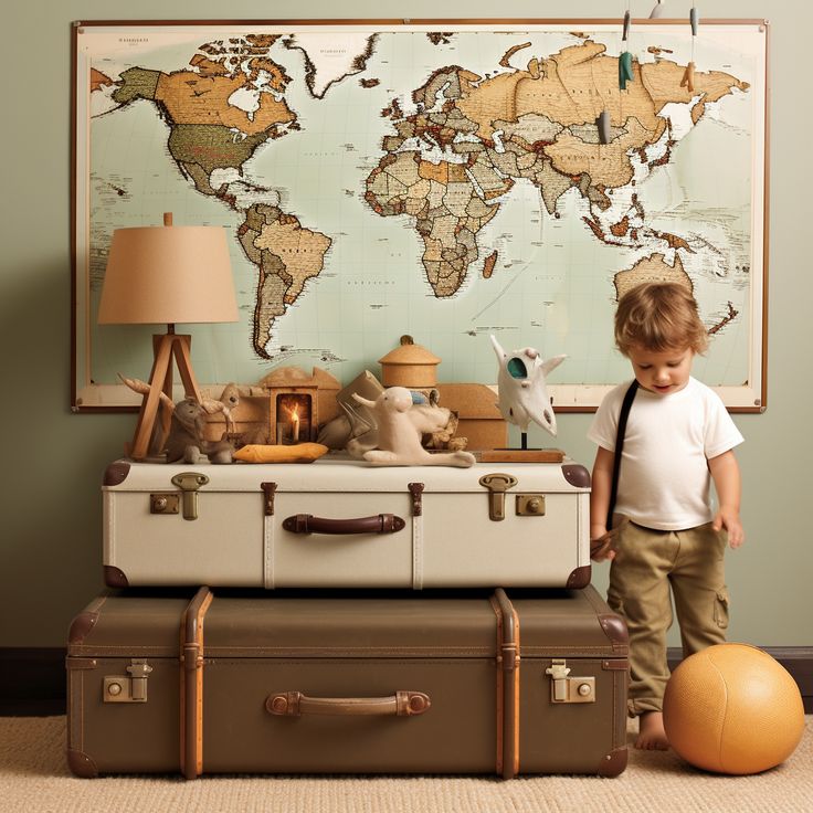 a little boy standing in front of two suitcases and a large world map on the wall