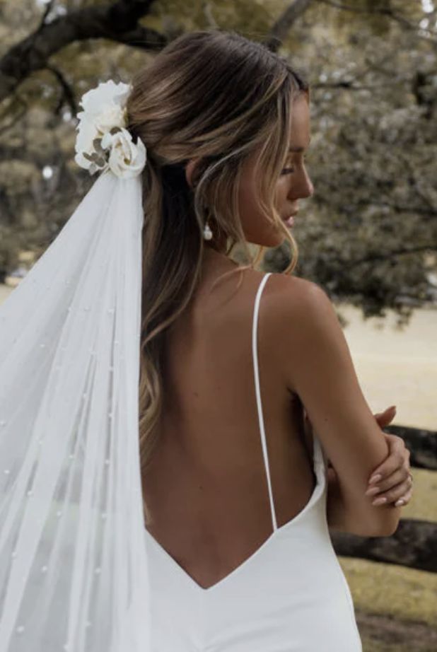 the back of a woman wearing a wedding veil