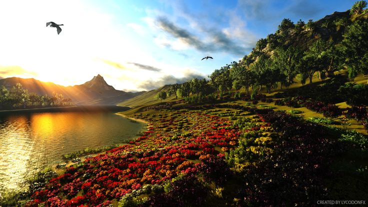 an artist's rendering of a bird flying over a lake with flowers in the foreground