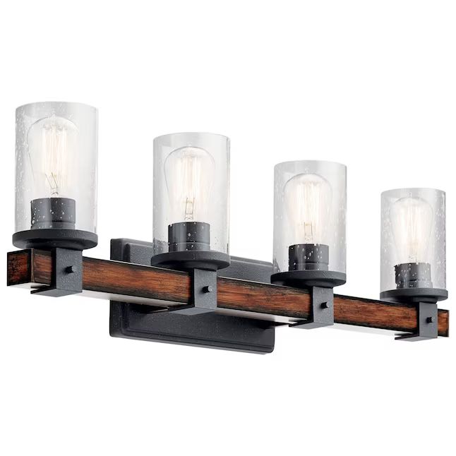 a bathroom vanity light with three lights on each side and wood trim around the edges