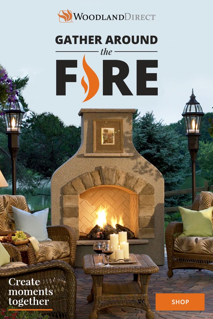 an outdoor fireplace with chairs and tables in front of it that says gather around the fire