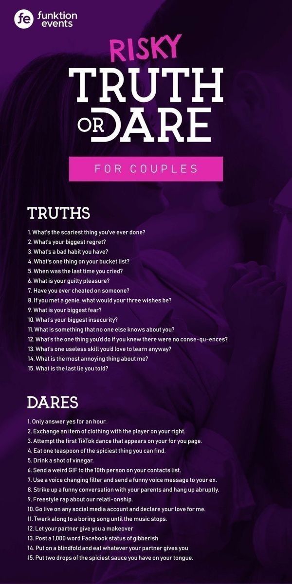 a poster with the words risky truth or dare for couples in pink and purple colors