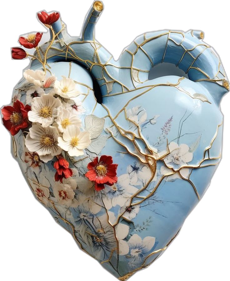 a heart shaped vase with flowers painted on the side and gold trimming around it