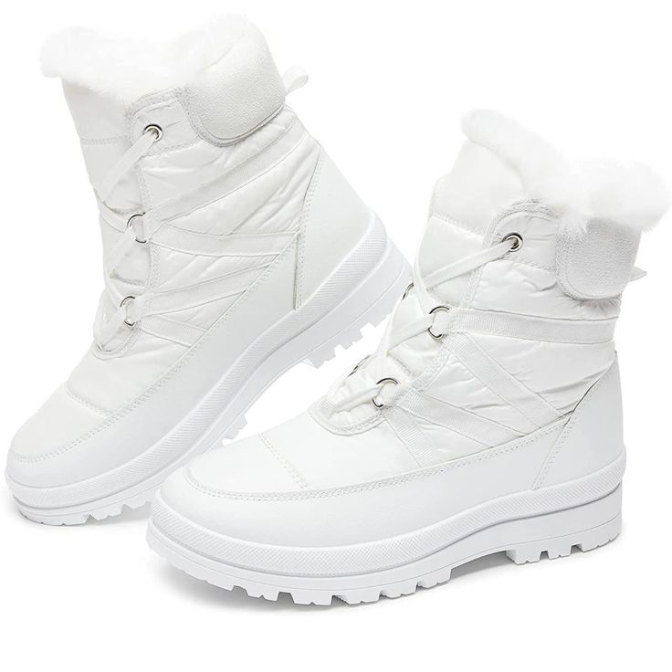 New Never Worn Womens Warm Fur Lined Mid-Calf Boots Waterproof Winter Snow Boots Non-Slip Lace Up Combat Boots White Waterproof Winter Boots, White Waterproof Outdoor Boots, Casual High-top Snow Boots, White Waterproof Boots For Winter Outdoor Activities, Winter Waterproof Lace-up Boots, White Snow Boots For Winter, Insulated Waterproof Fabric Boots With Round Toe, Insulated Waterproof Boots For Winter, Insulated Waterproof Round Toe Boots