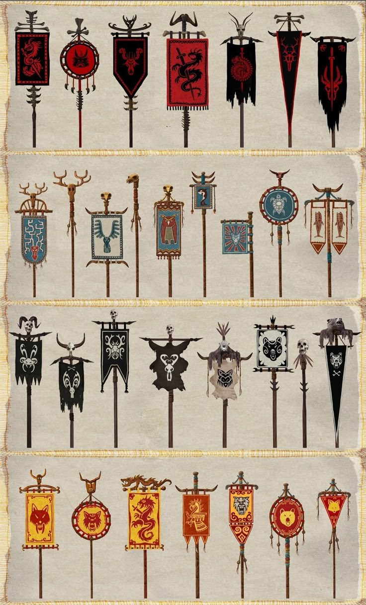 a bunch of different types of shields and swords