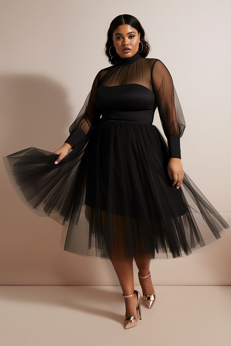 Xpluswear Design Plus Size Party Midi Dresses Elegant Black Fall Winter Mock Neck Tulle Long Sleeve See Through Mesh Midi Dresses [Pre-Order] Plus Zise, Plus Size Party, Midi Dress Elegant, Look Plus Size, Look Formal, Plus Size Cocktail Dresses, Plus Size Party Dresses, Cocktail Attire, Dresses Ideas