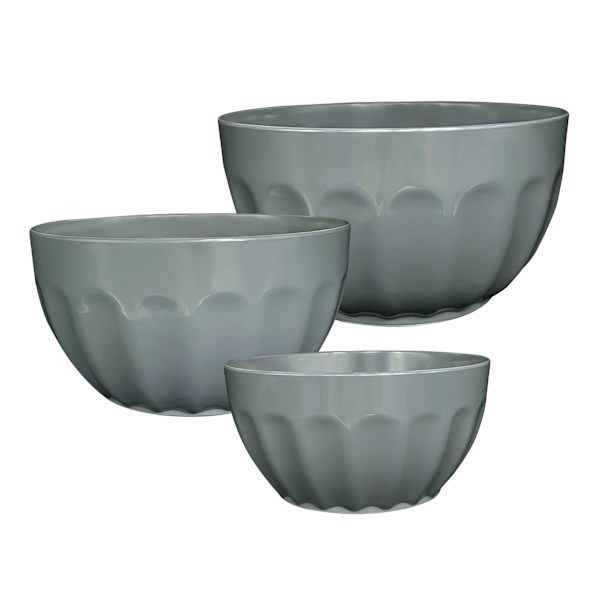 three gray bowls sitting next to each other