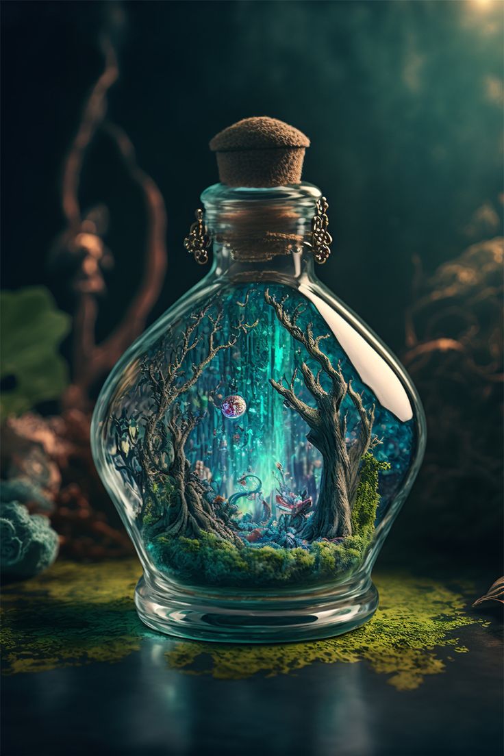 a glass bottle with an image of a forest in it's top and bottom