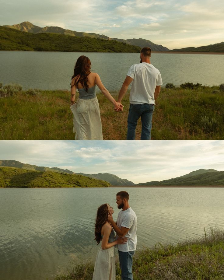 two people standing next to each other in front of a body of water holding hands