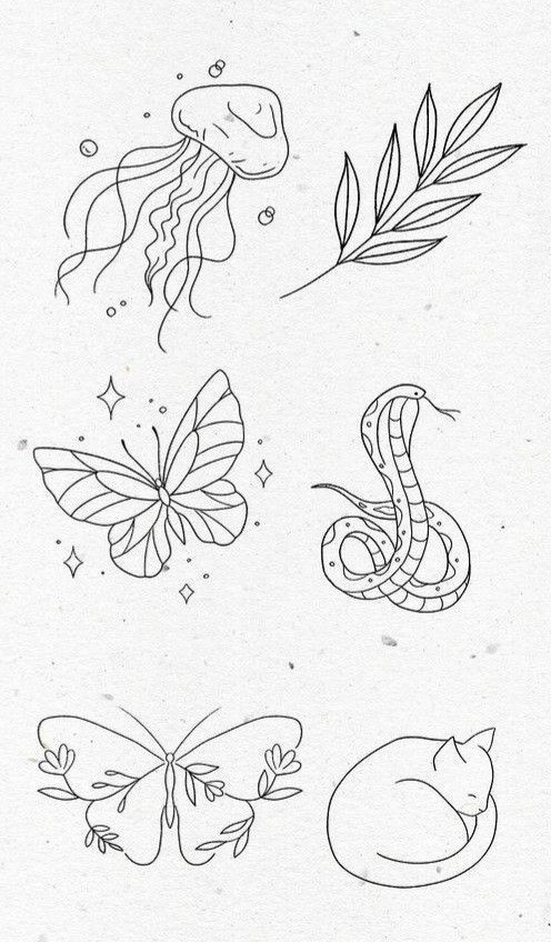 four different types of drawings on paper with some animals and butterflies around them, all in black and white