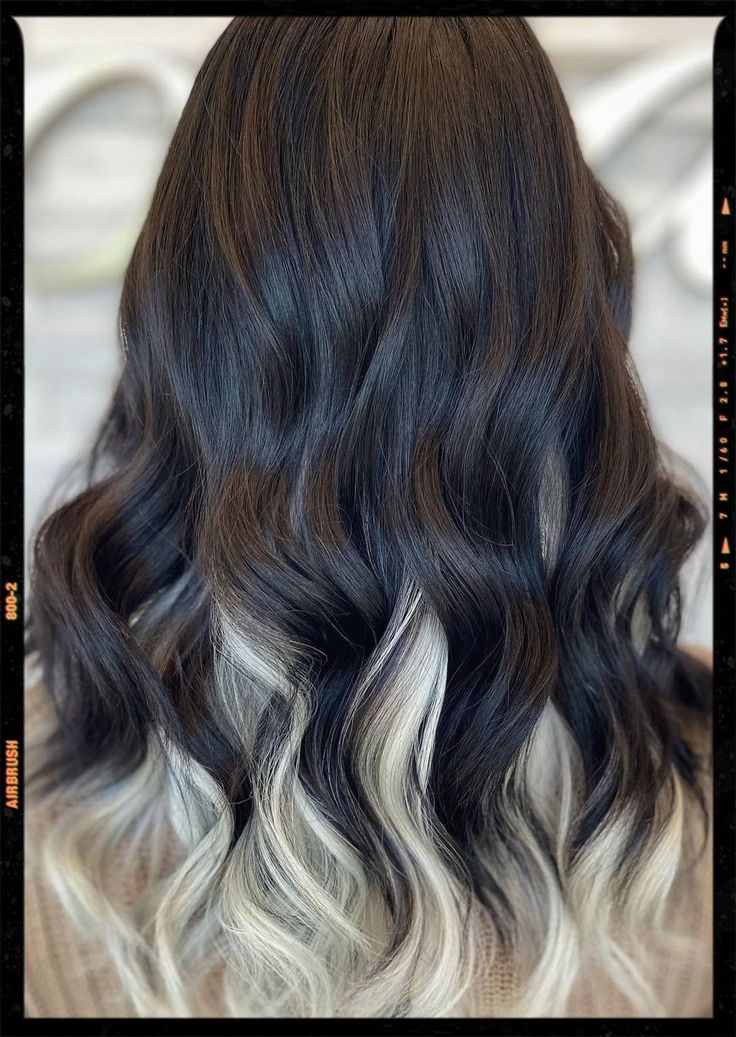 Hair Color Idea - Black and White Hair Dark On Top Blonde Underneath, Black Hair With Blonde Color Block, Black And Icy Blonde Hair, White On Top Black On Bottom Hair, Black Hair With Platinum Highlights Underneath, Black Hair With White Extensions, Black Hair On Top Blonde Underneath, Black Hair White Underneath, Black Hair White Tips