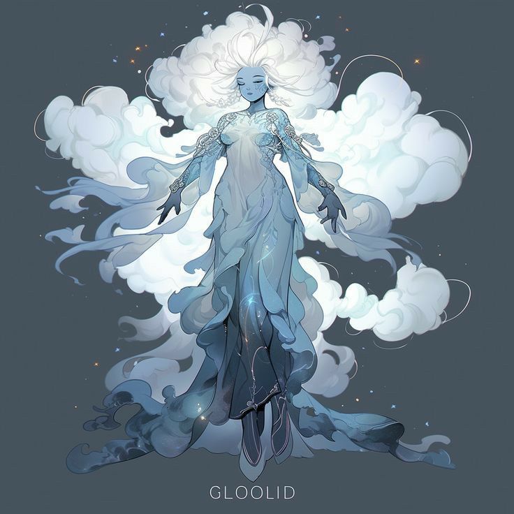 a woman with white hair and blue eyes standing in front of clouds that appear to be floating