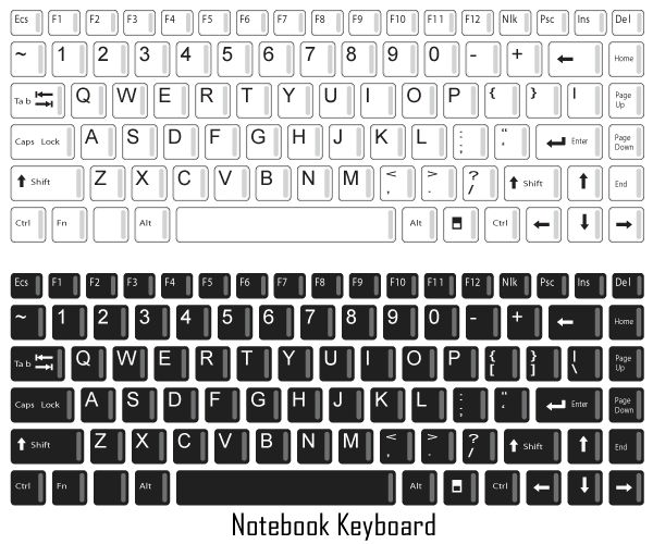 a black and white photo of a keyboard with the words notubook keyboard below it