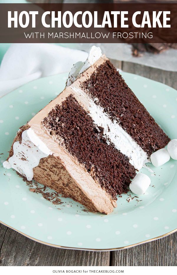 a slice of chocolate cake on a plate with marshmallows around the edges