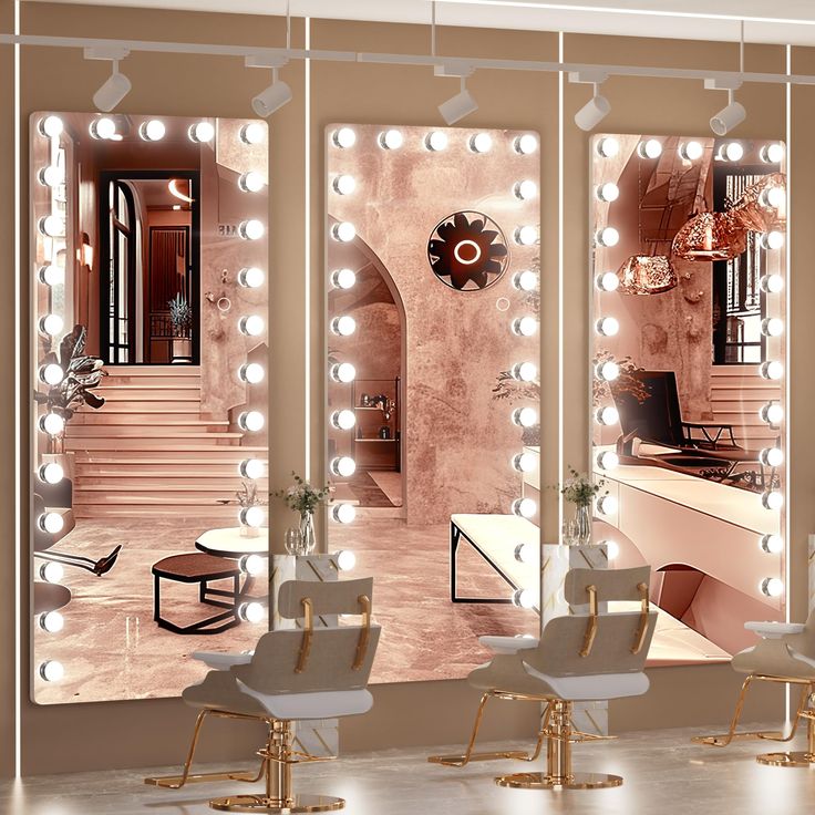 an image of a beauty salon setting with lights on the walls and chairs in front