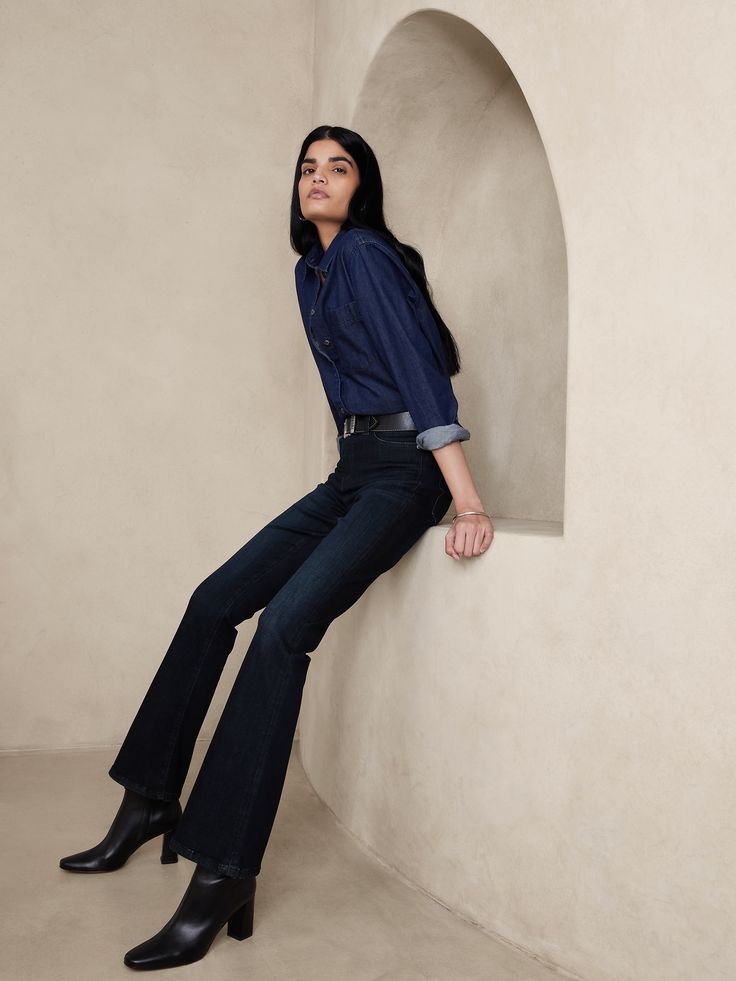 Legs for days - these jeans are cut close from hip to knee, with a flared leg and added length so you can style them with heels.  Crafted from our exquisitely soft, super-stretch Soft Sculpt denim to lift, smooth, and move with you.  FLARE FIT: High- Elegant Mid-rise Dark Wash Flare Jeans, Denim Flare Jeans For Workwear, Flare Denim Jeans For Work, Stretch Dark Wash Flare Jeans For Work, Dark Washed Jeans Outfit, Dark Flare Jeans, Wash Jeans Outfit, Chanel Loafers, Legs Outfit