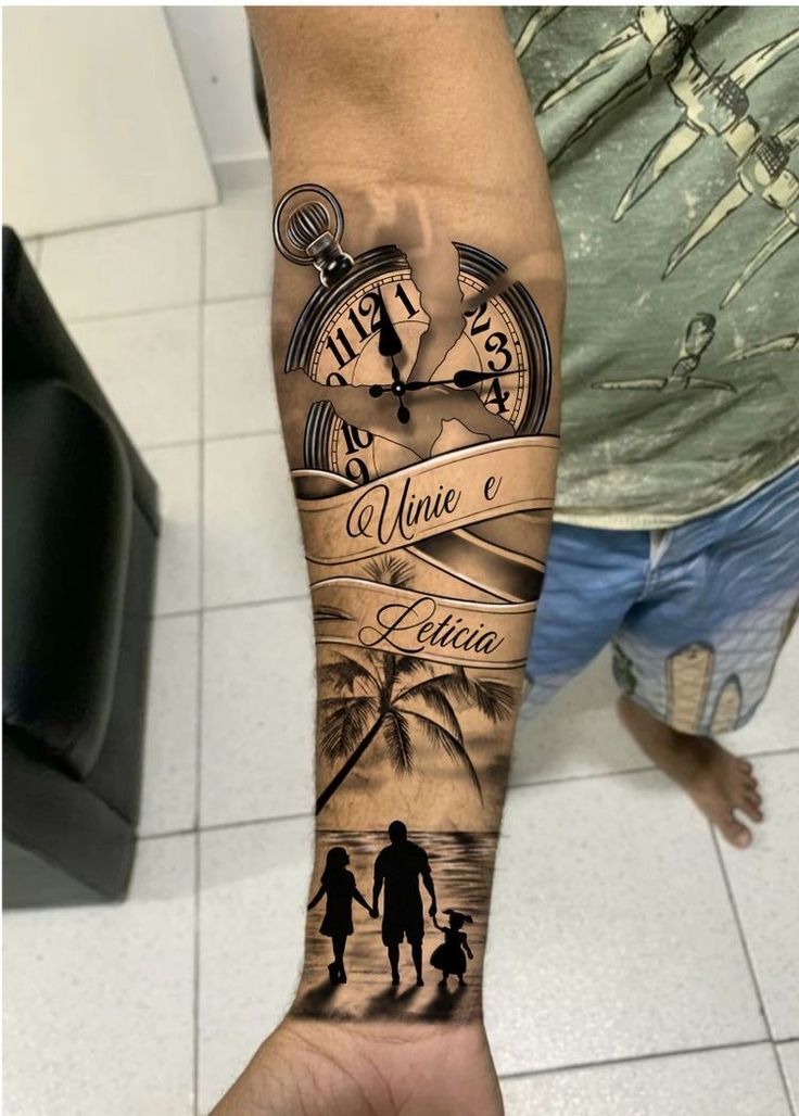 a man with a tattoo on his arm that has the words, time and family