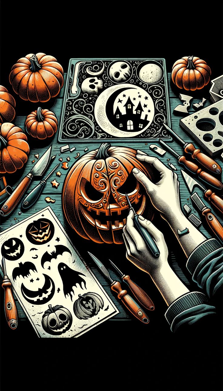 a person is carving pumpkins on a table with other items around it and halloween decorations in the background