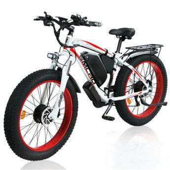 an electric bike with red rims on the front and rear tires, is shown